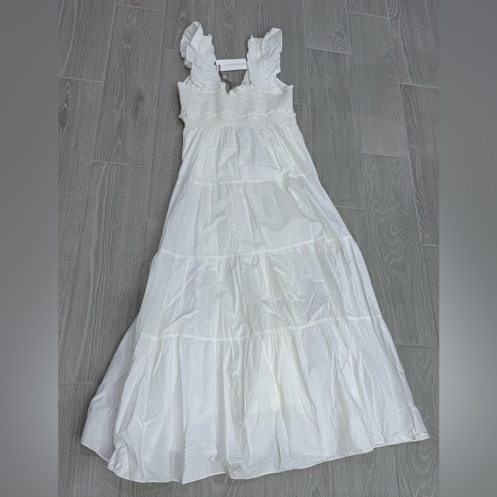 LOVESHACKFANCY Poplin Smocked Tiered Romantic White Arnene Boho Dress Large NWT - Picture 4 of 7